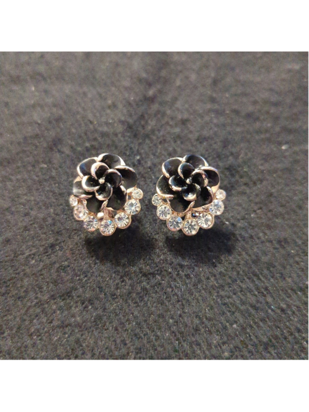 Gold Tone Black Rose Flower Floral and Clear Rhinestone Stud Statement Earrings